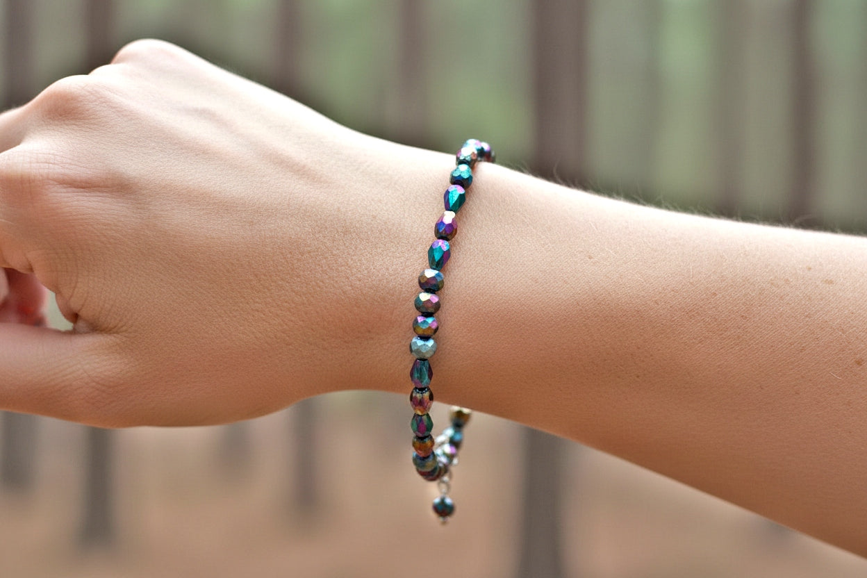 Rainbow Bracelet - Ion Plating Glass Bead Bracelet 6.25 to 7.75 Inches