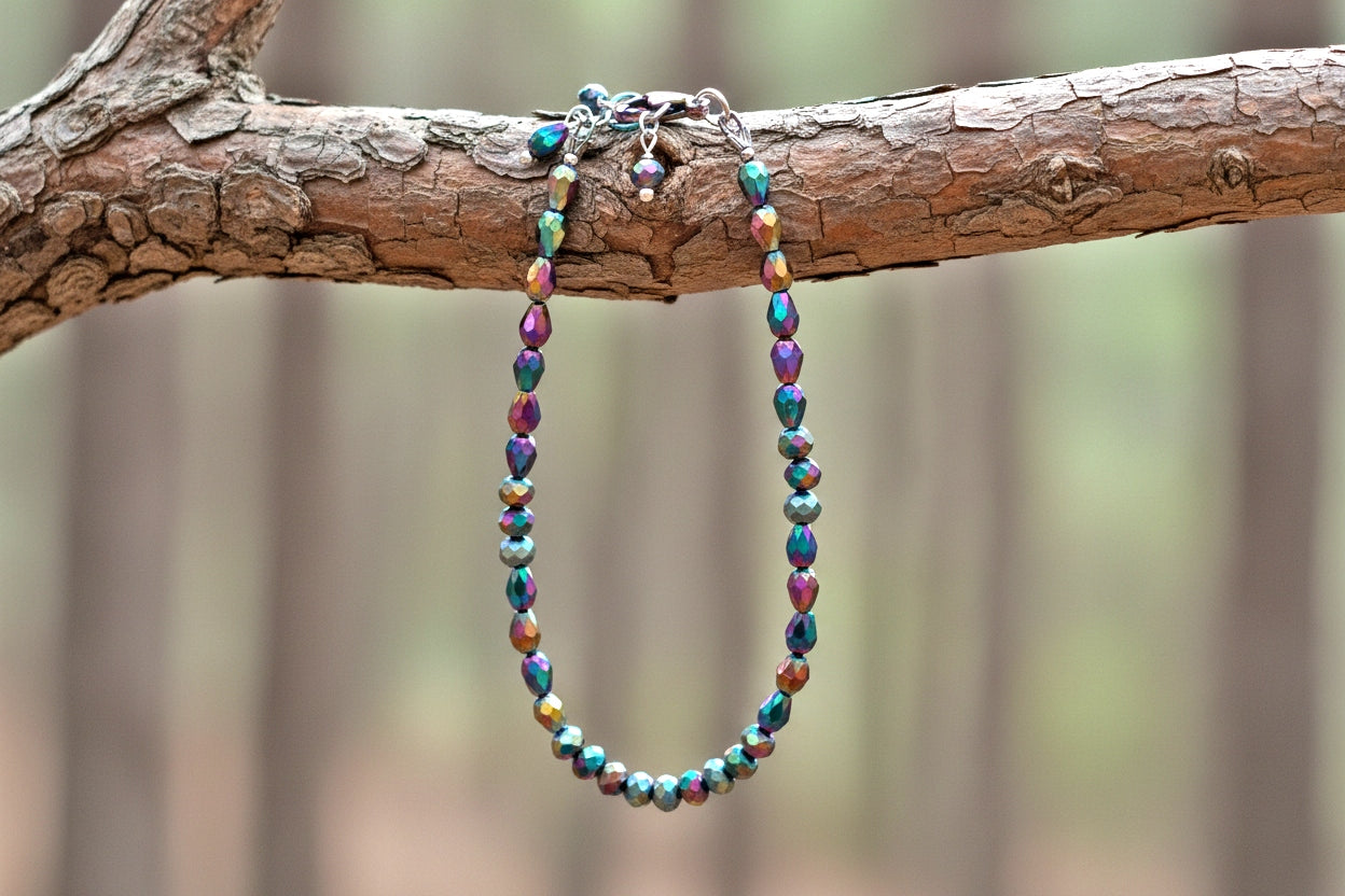 Rainbow Bracelet - Ion Plating Glass Bead Bracelet 6.25 to 7.75 Inches