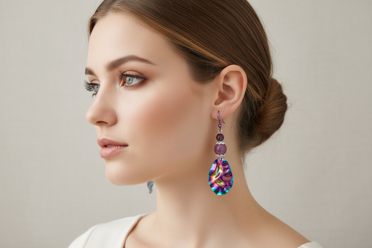 Rainbow Ion-Plated Drop Earrings with Purple Beads | 2.5 Inches