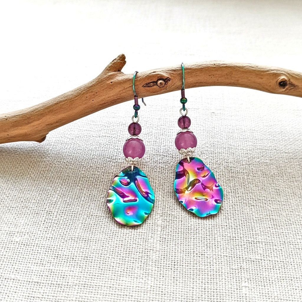 Rainbow Ion-Plated Drop Earrings with Purple Beads | 2.5 Inches