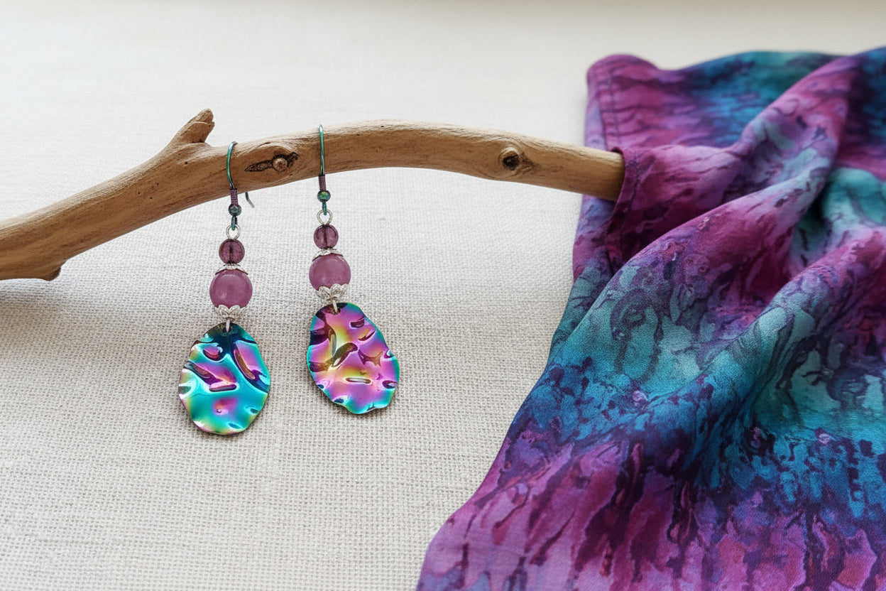 Rainbow Ion-Plated Drop Earrings with Purple Beads | 2.5 Inches