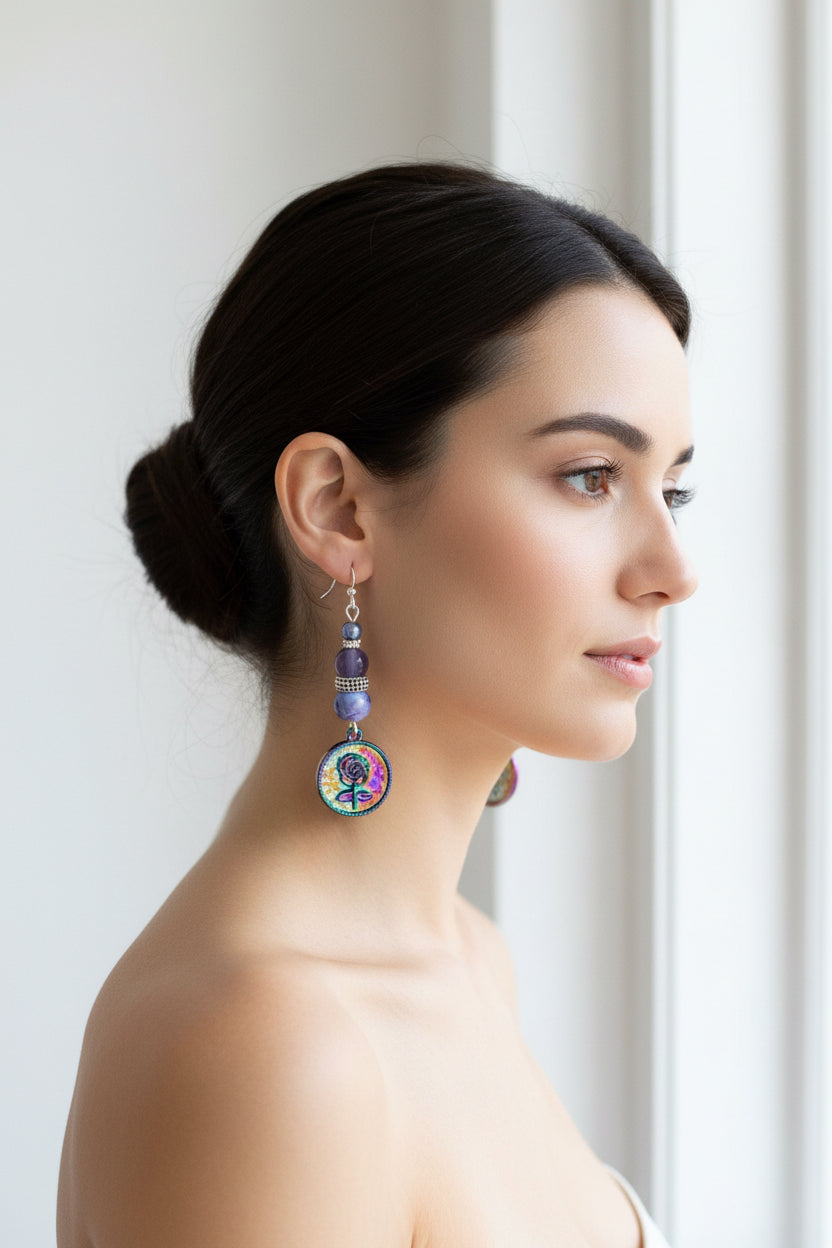 Rainbow Flower Charm Earrings - Stainless Steel Dangle Earrings with Purple Glass Beads