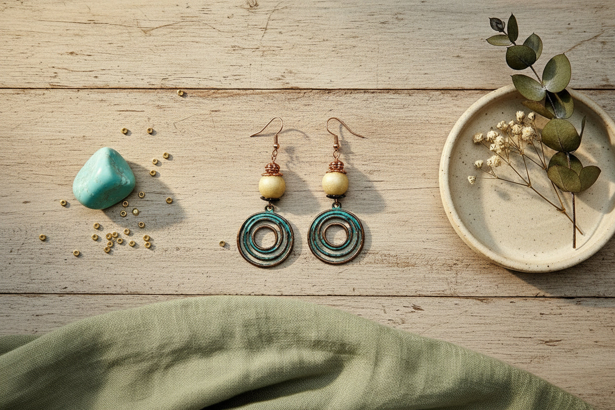 Patina Swirl Earrings Rose Gold - Handmade French Hook Dangle Earrings