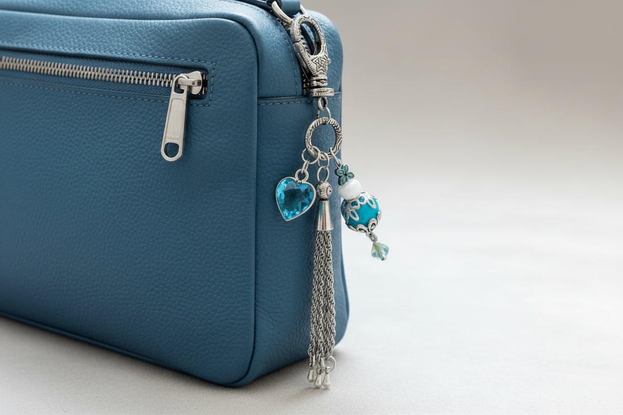 Purse Charm - Blue Heart Crystal Charm with Silver Tassel
