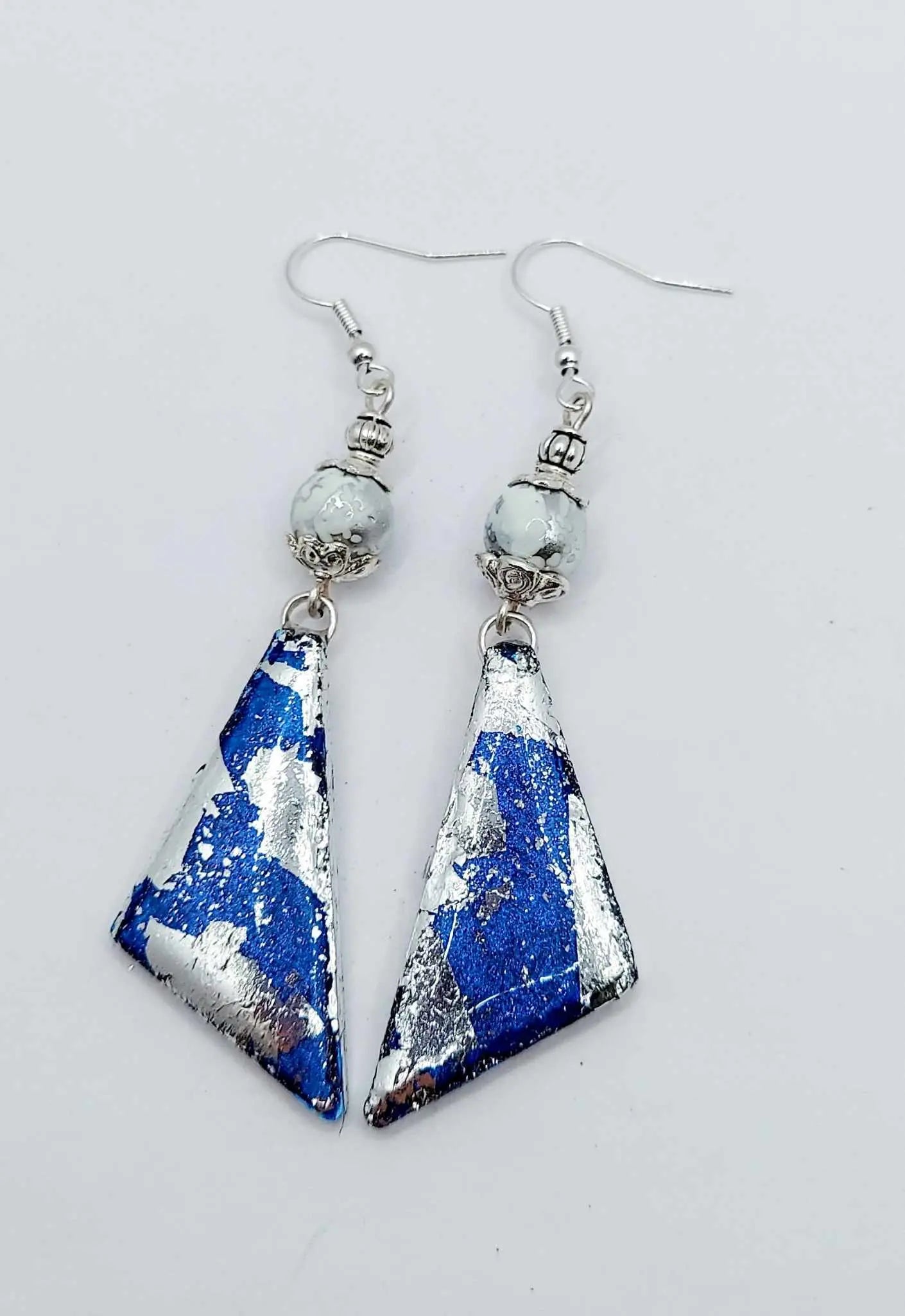 Resincrete Silver Paperfoil blue dangle Earrings 2.75" - Image #1