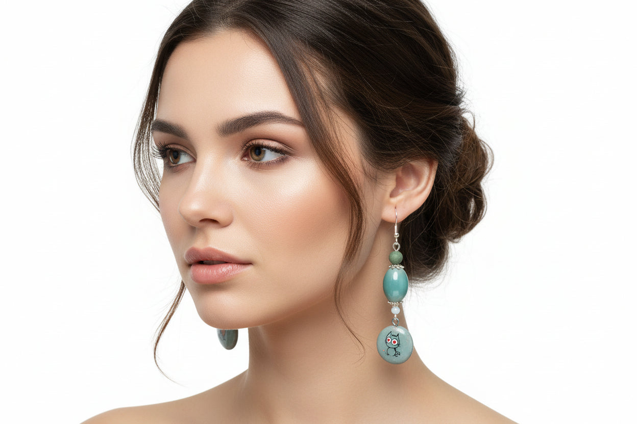 Pair of earrings with owl designs on a branch of pink flowers