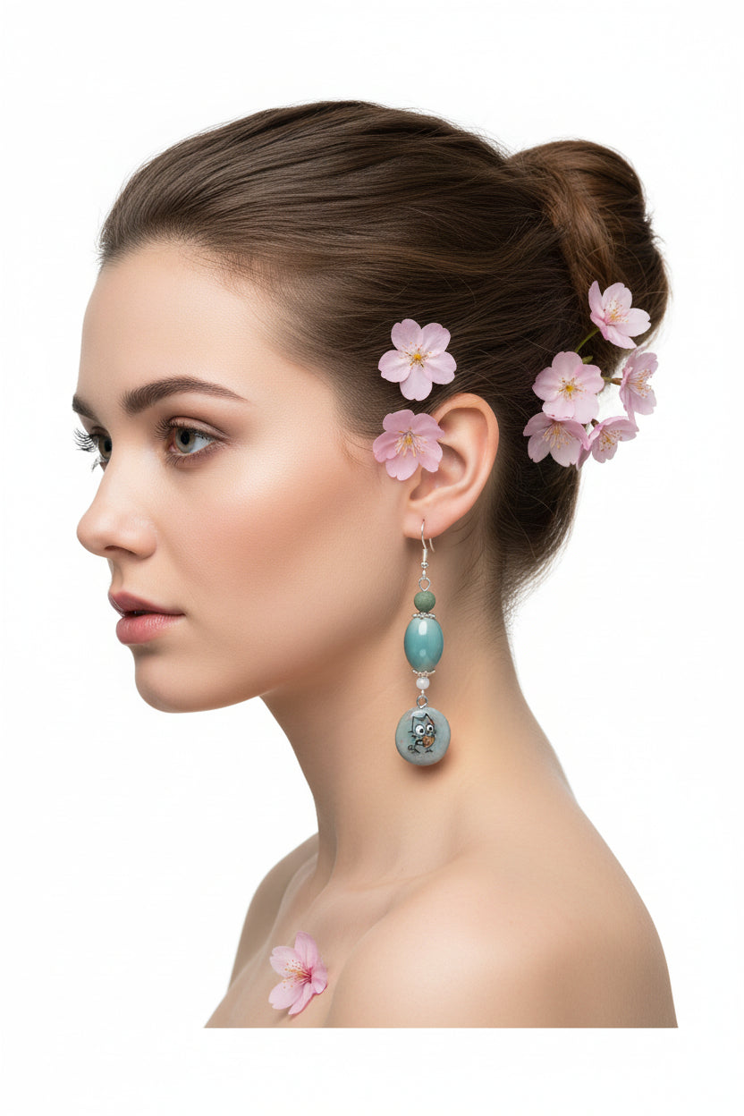 Handmade Cat Dangle Earrings, Teal Glass Beads, Cute Kitty Charm, Silver Plated Hooks, Cat Lover Jewelry