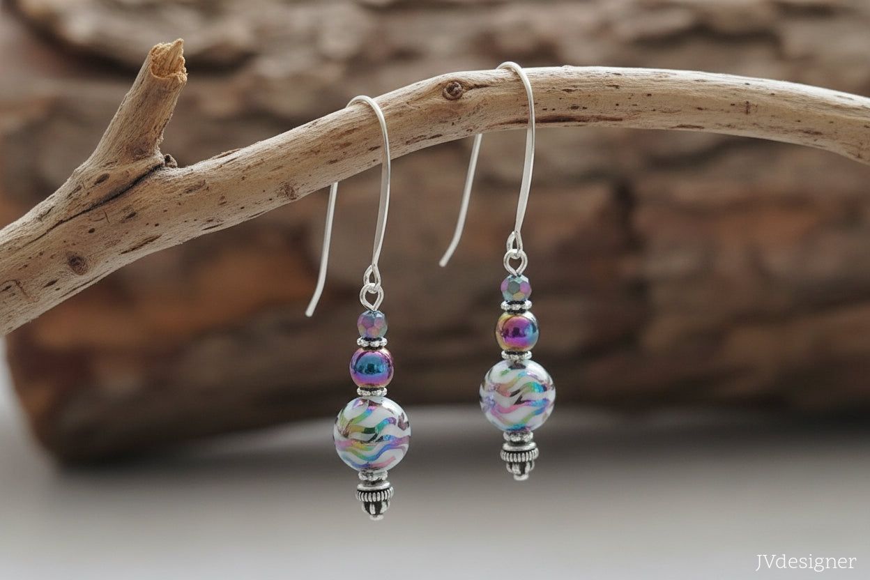 Rainbow Hematite Earrings - Handmade Silver Beaded Kidney Hook Dangle Earrings