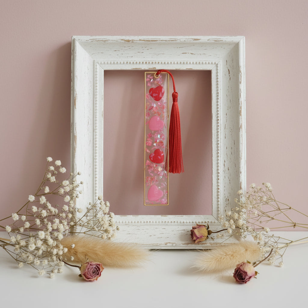 Decorative bookmark with red tassel on an open book
