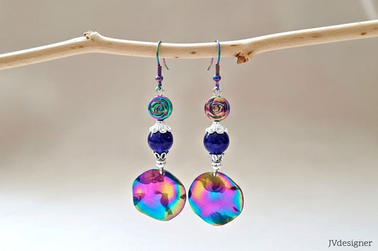 Rainbow Ion Plated Earrings - Purple Crystal Dangle Earrings with Silver Accents for Women