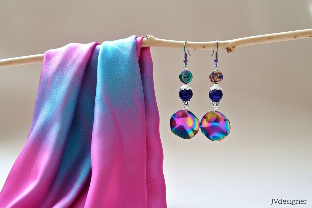 Rainbow Ion Plated Earrings - Purple Crystal Dangle Earrings with Silver Accents for Women