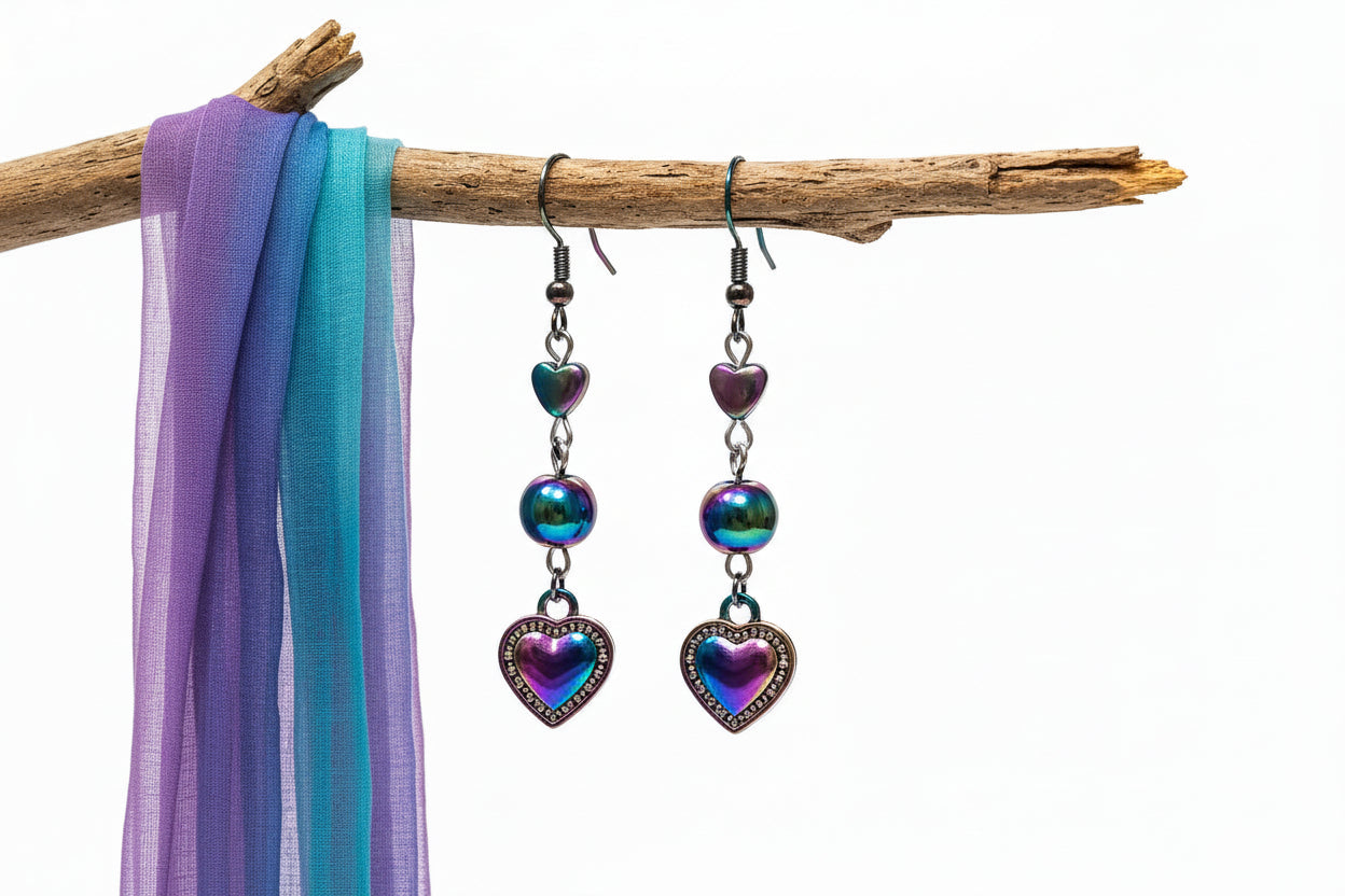 Heart-shaped earrings with colorful beads hanging from a branch on a white background