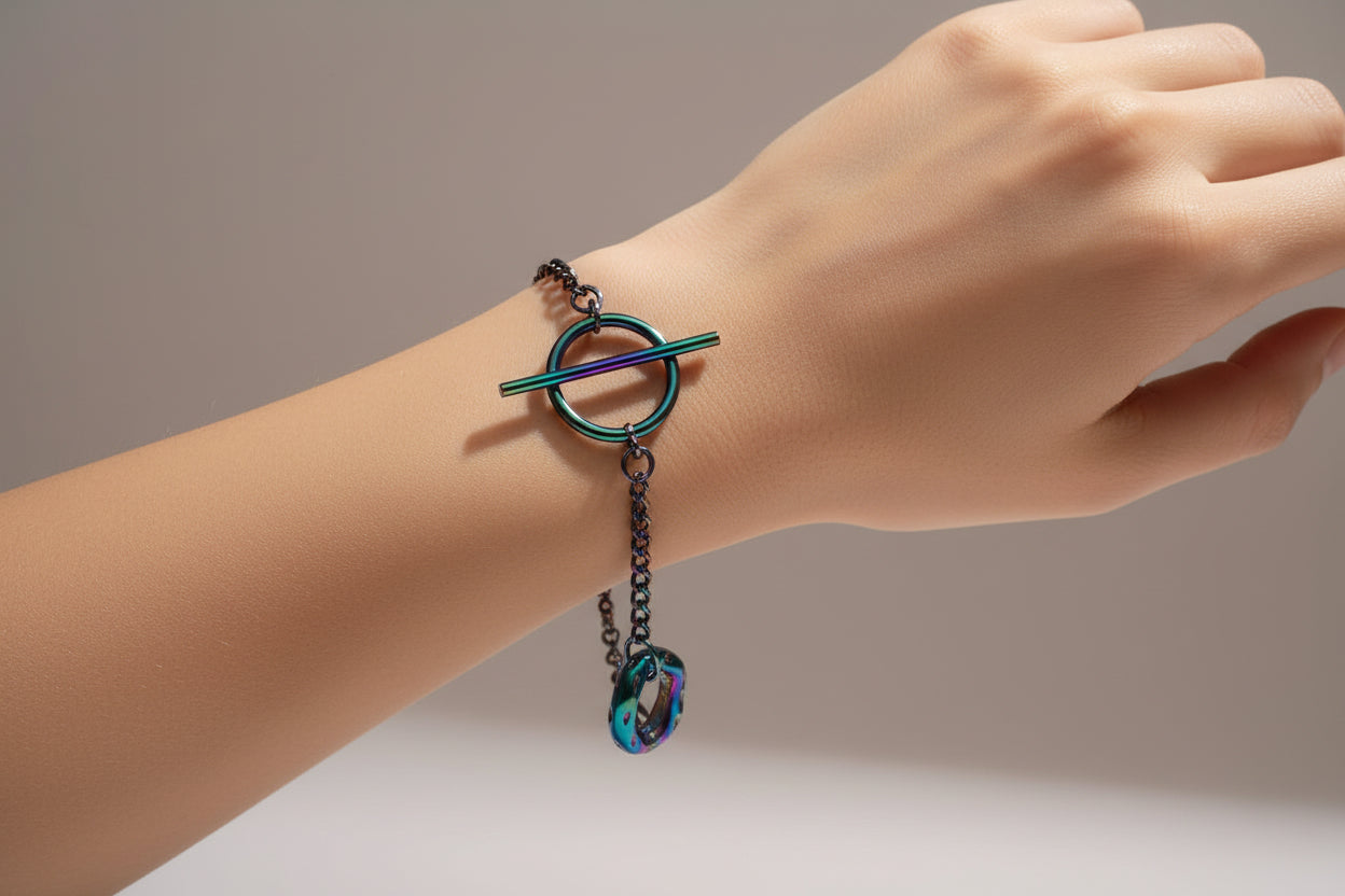 Multicolored chain bracelet on a light gray background