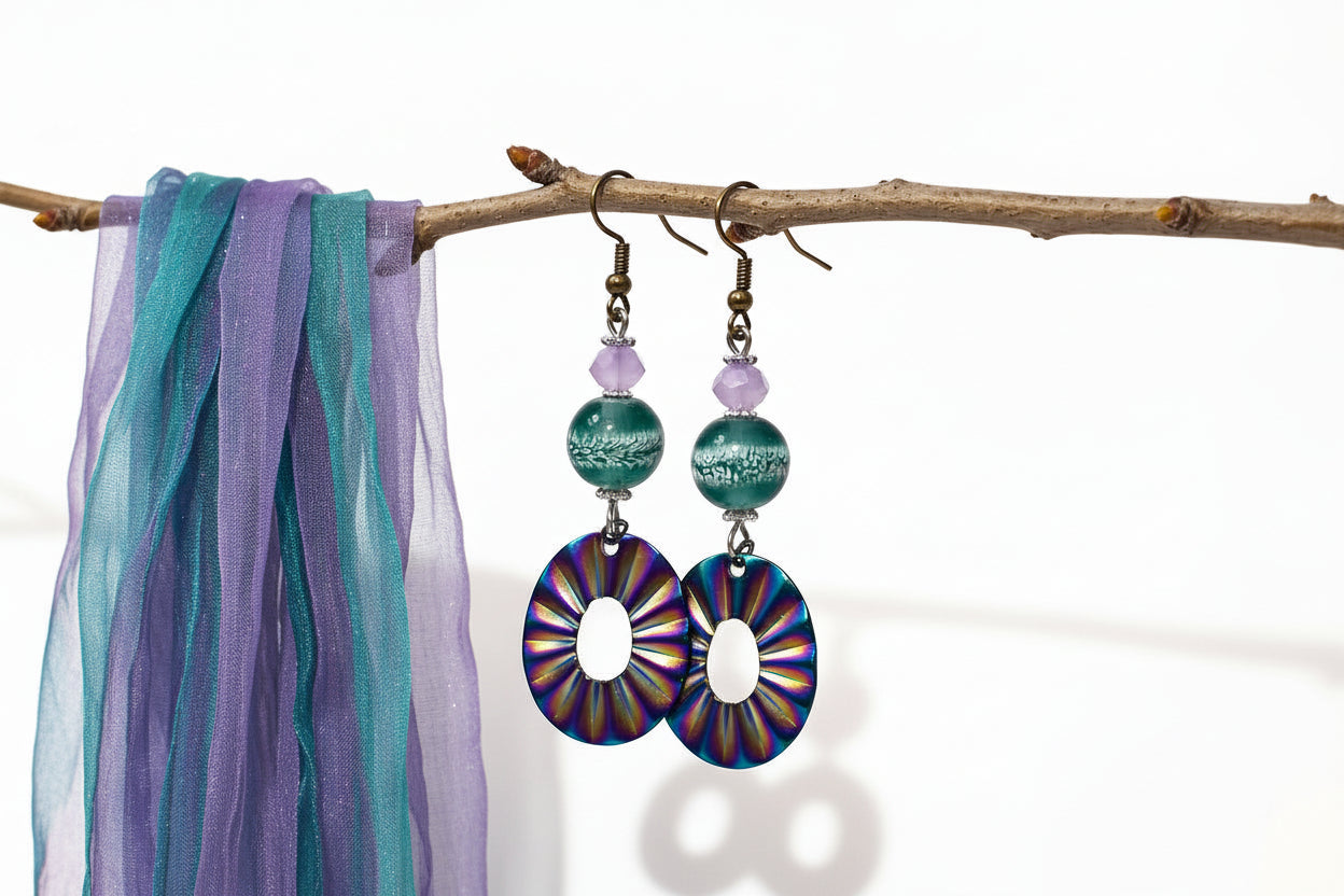 Pair of earrings with colorful circular designs hanging on a branch against a white background