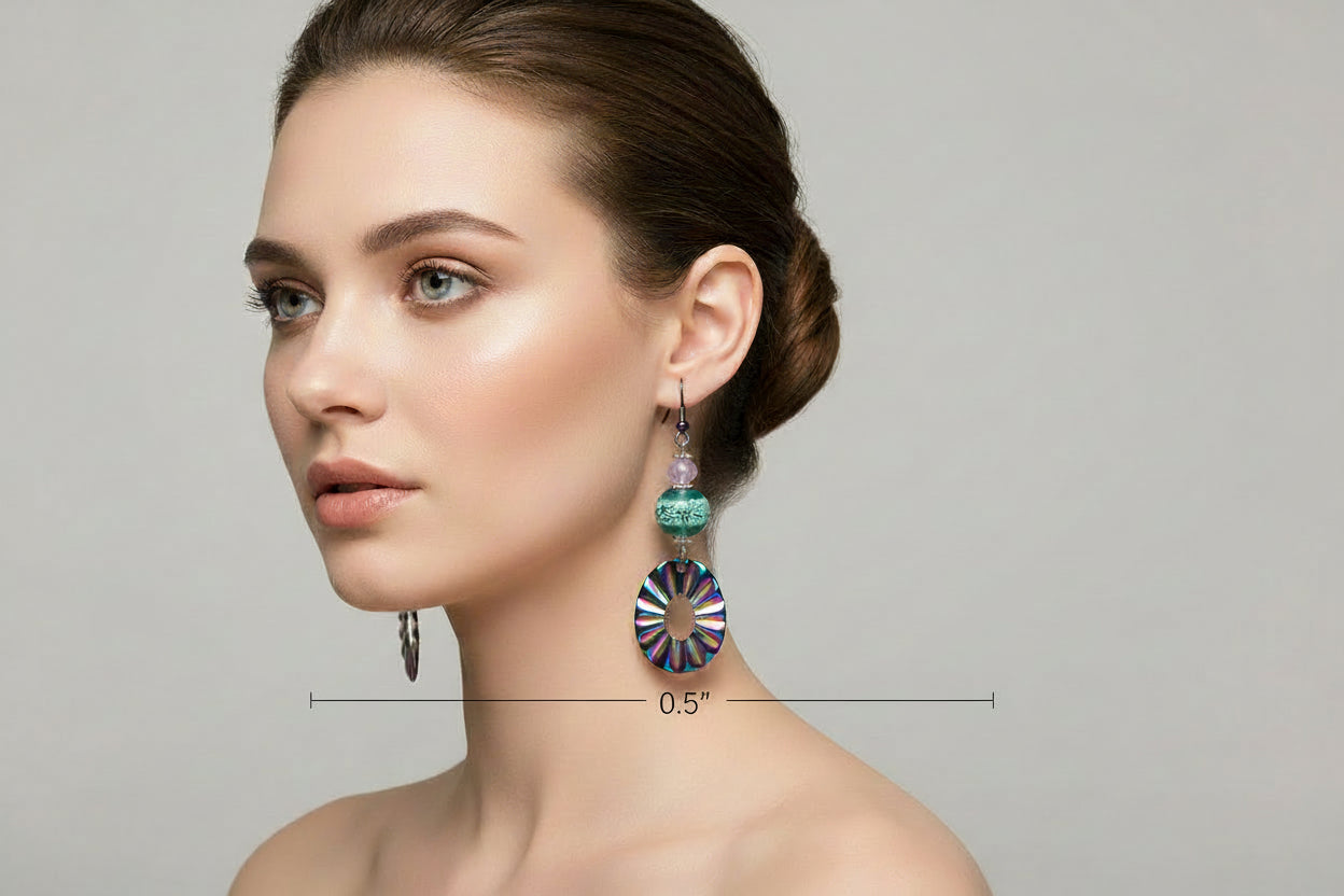 Multicolored circular earrings with beads on a white background