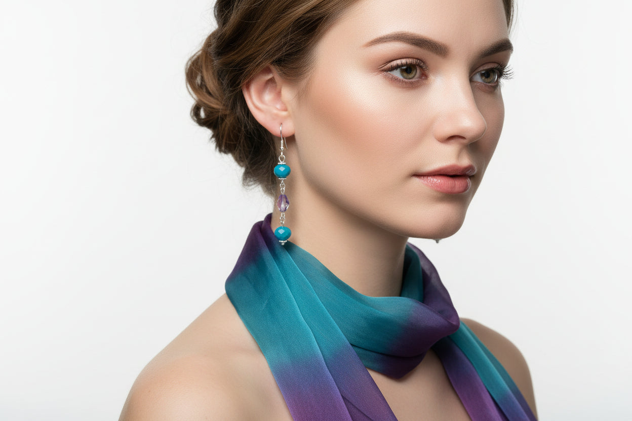 Lavender & Teal Glass Bead Earrings - Everyday Dangle Earrings