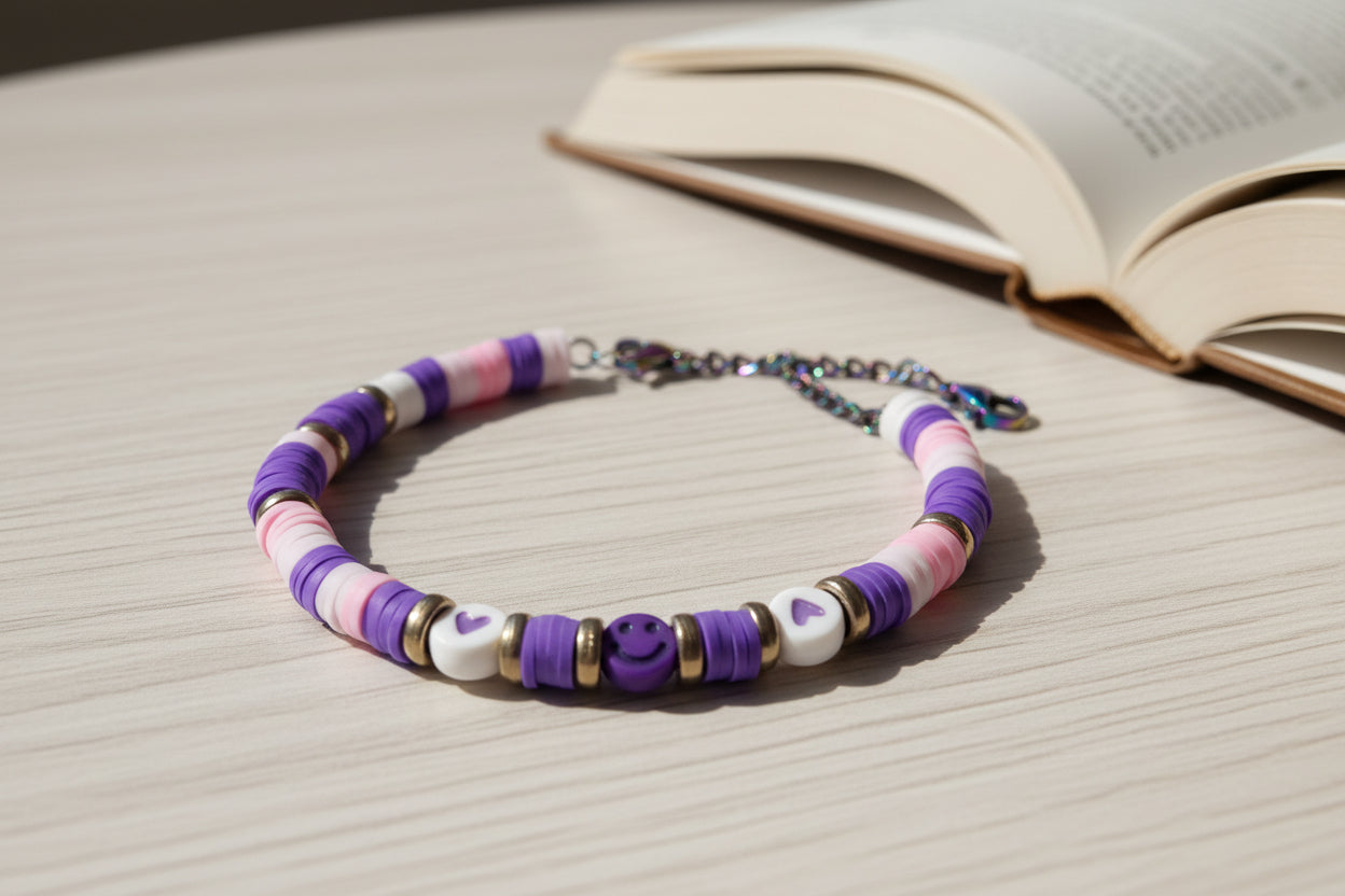 Colorful beaded bracelet with a chain on a light background