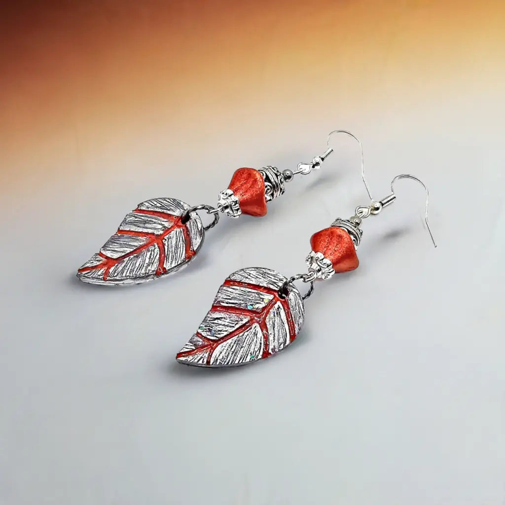 Shiny Orangy Czech leaf earrings Fall/Automne - Image #1