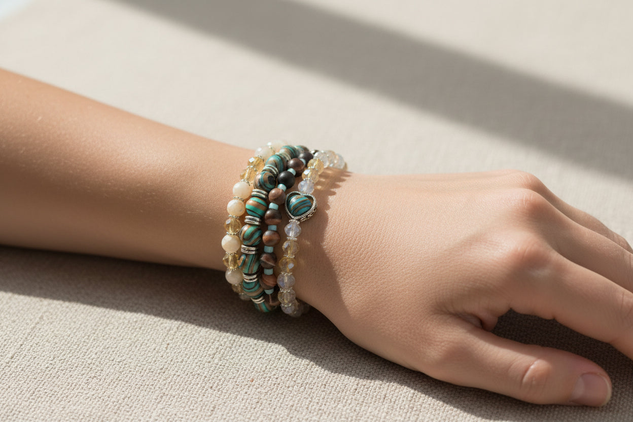 Multistrand beaded bracelet with heart charm on textured blue fabric
