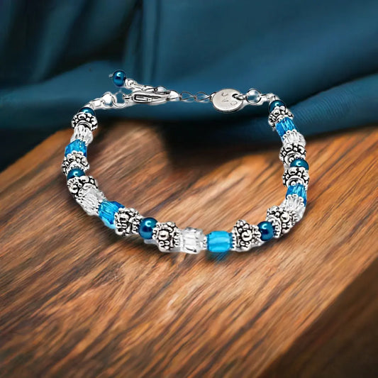 Blue turquoise silver beaded Bracelet - Image #2