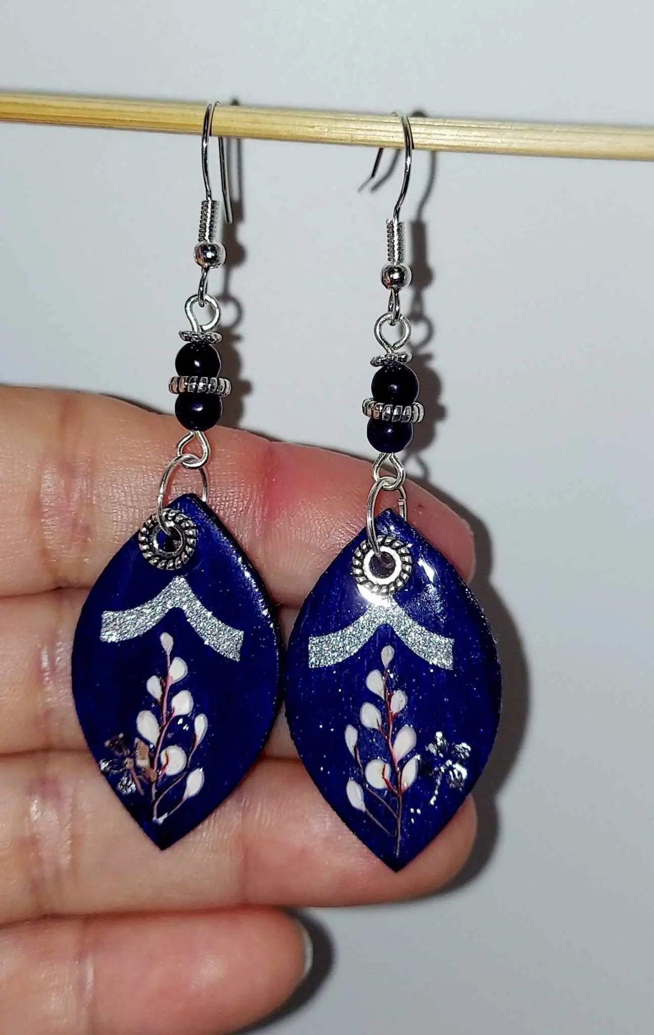 Navy blue light wood drop Earrings silver 2.5inches - Image #4