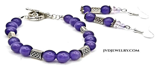 Purple Cat eyes beaded bracelet with earrings - Image #1