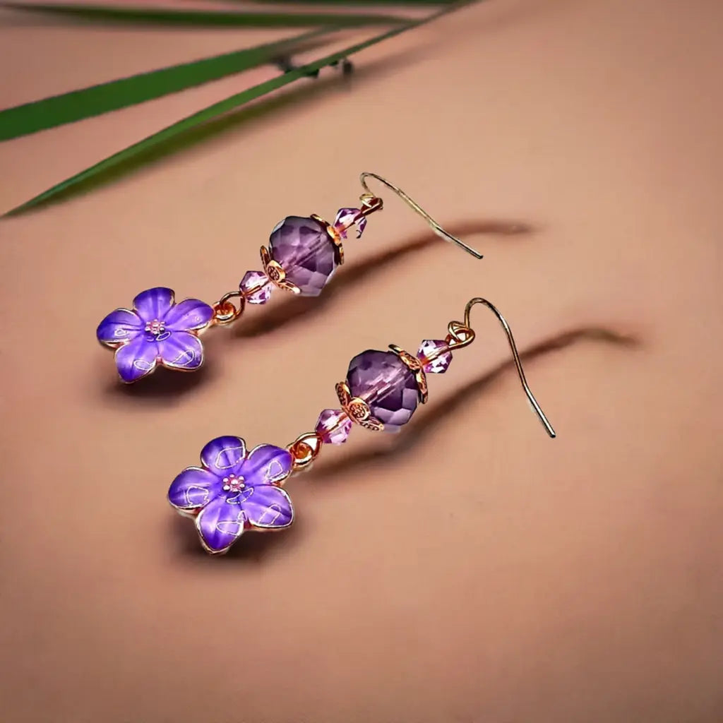 Purple flower enamel earrings - Image #2