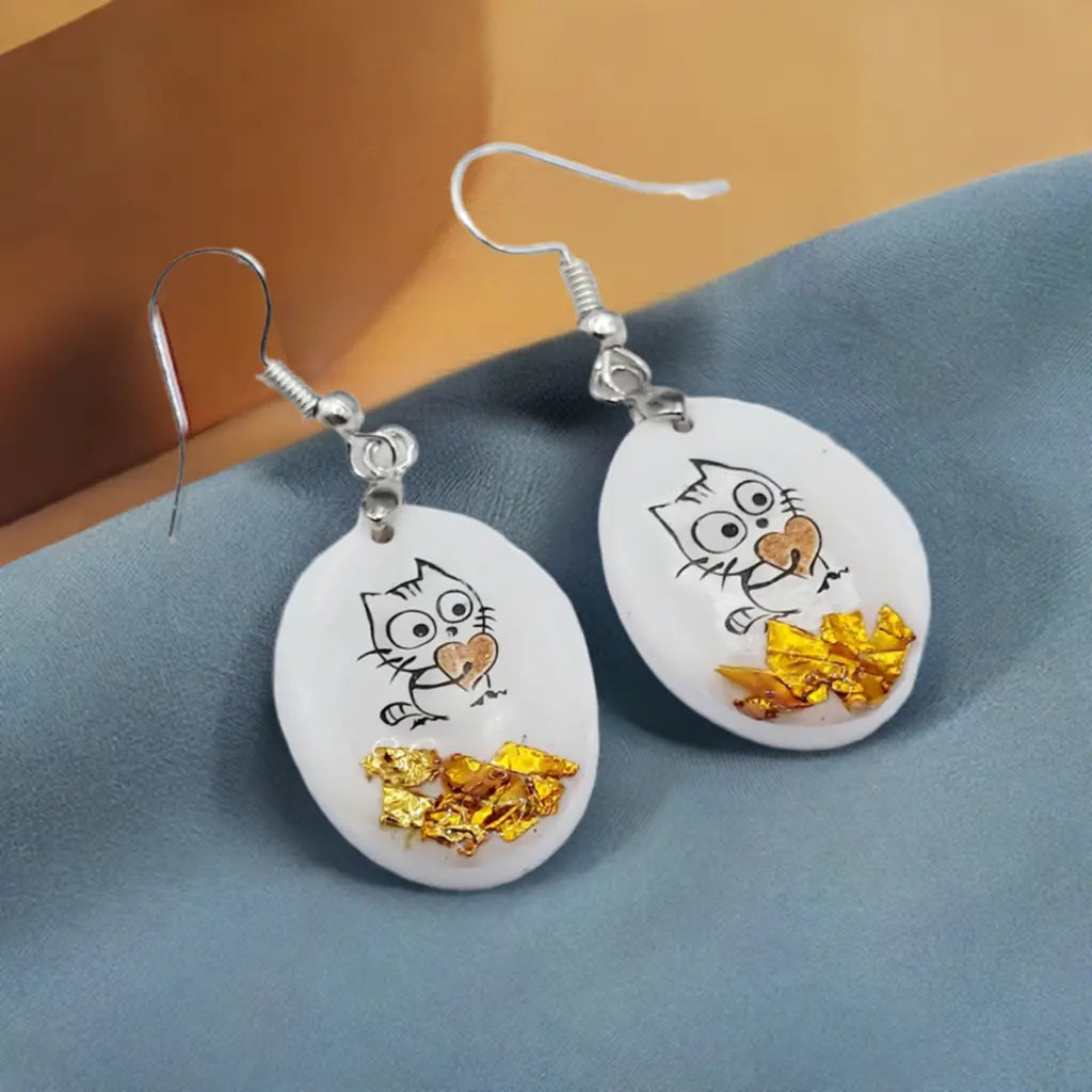 Short Resincrete white with litty cat Earrings 1.75inches