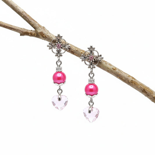 Flower Ear stud earrings with pink rhinestone crystal pink heart