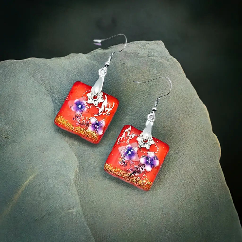 Tangerine Sea Glass Handcrafted Resin Flower Earrings 1.75 inches