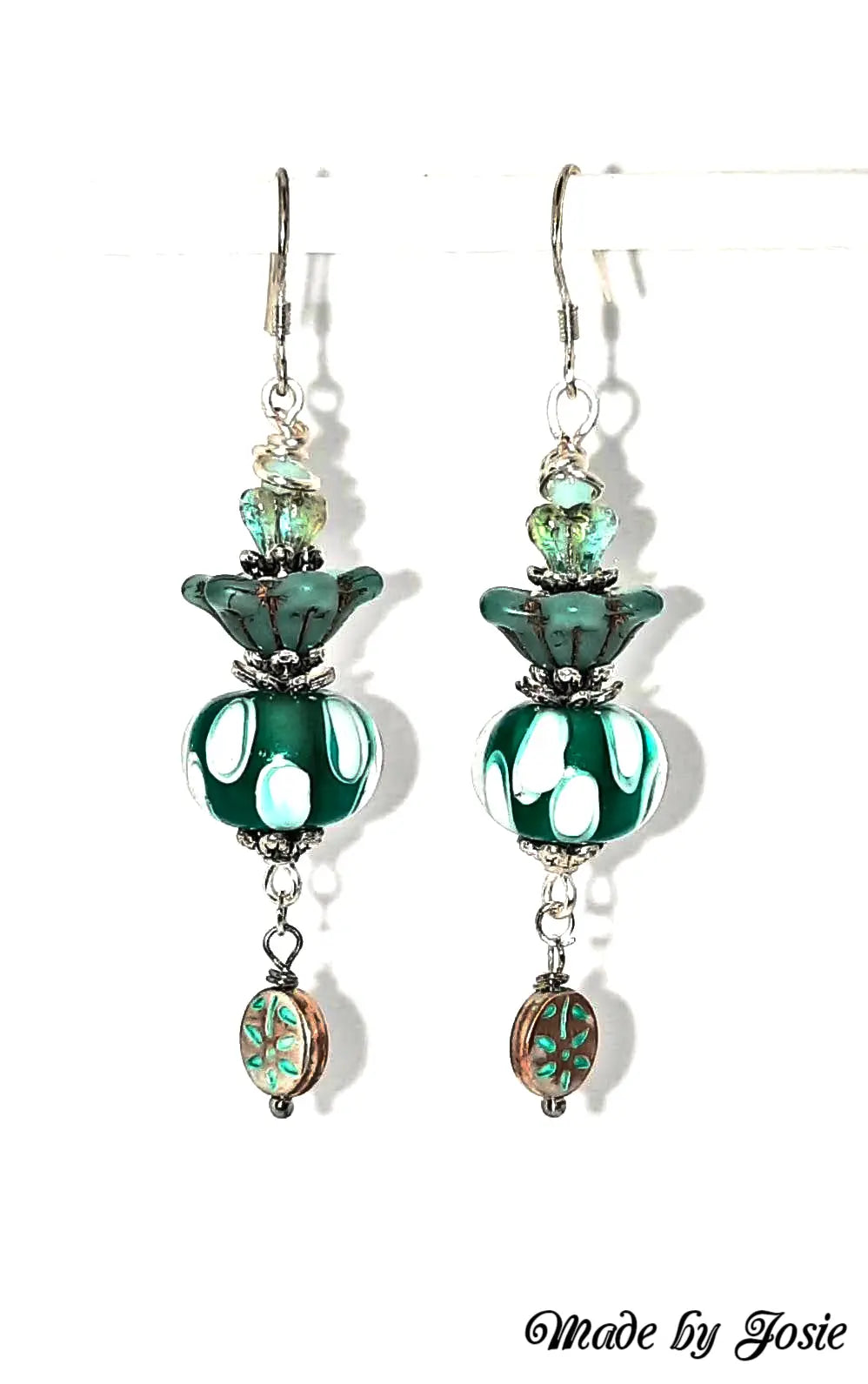 White Green Lampwork Czech beaded Earrings 2.5inches - Image #1