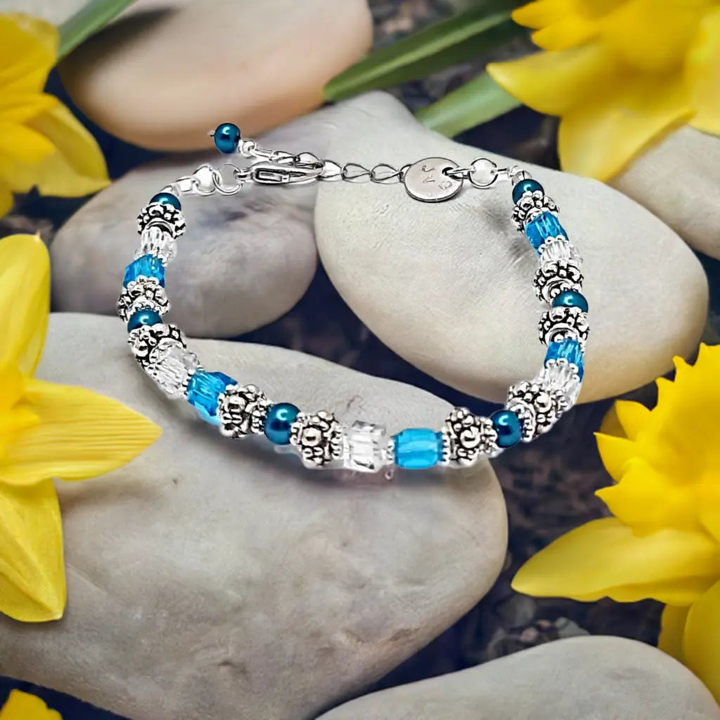 Blue turquoise silver beaded Bracelet - Image #2