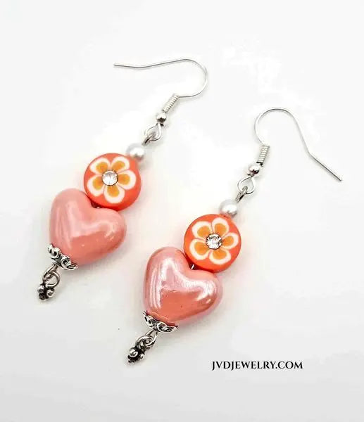 Light peach ceramic heart flower clay earrings - Image #1