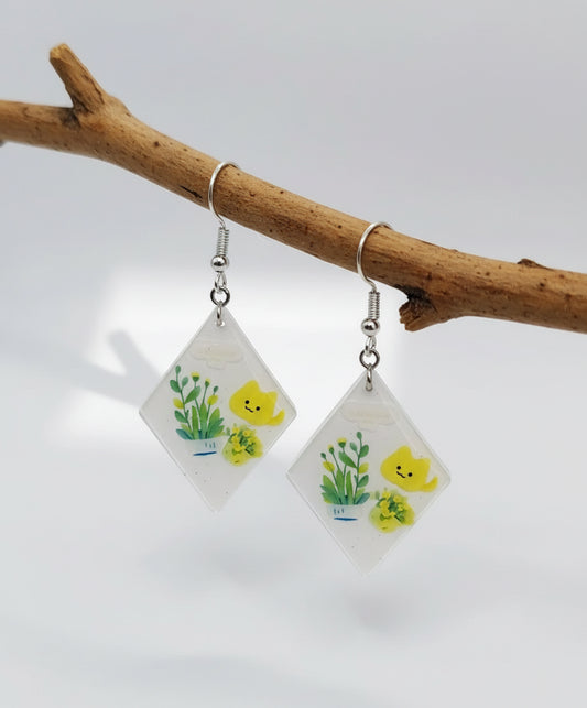 Resincrete white motig spring cat Earrings 2.25inches