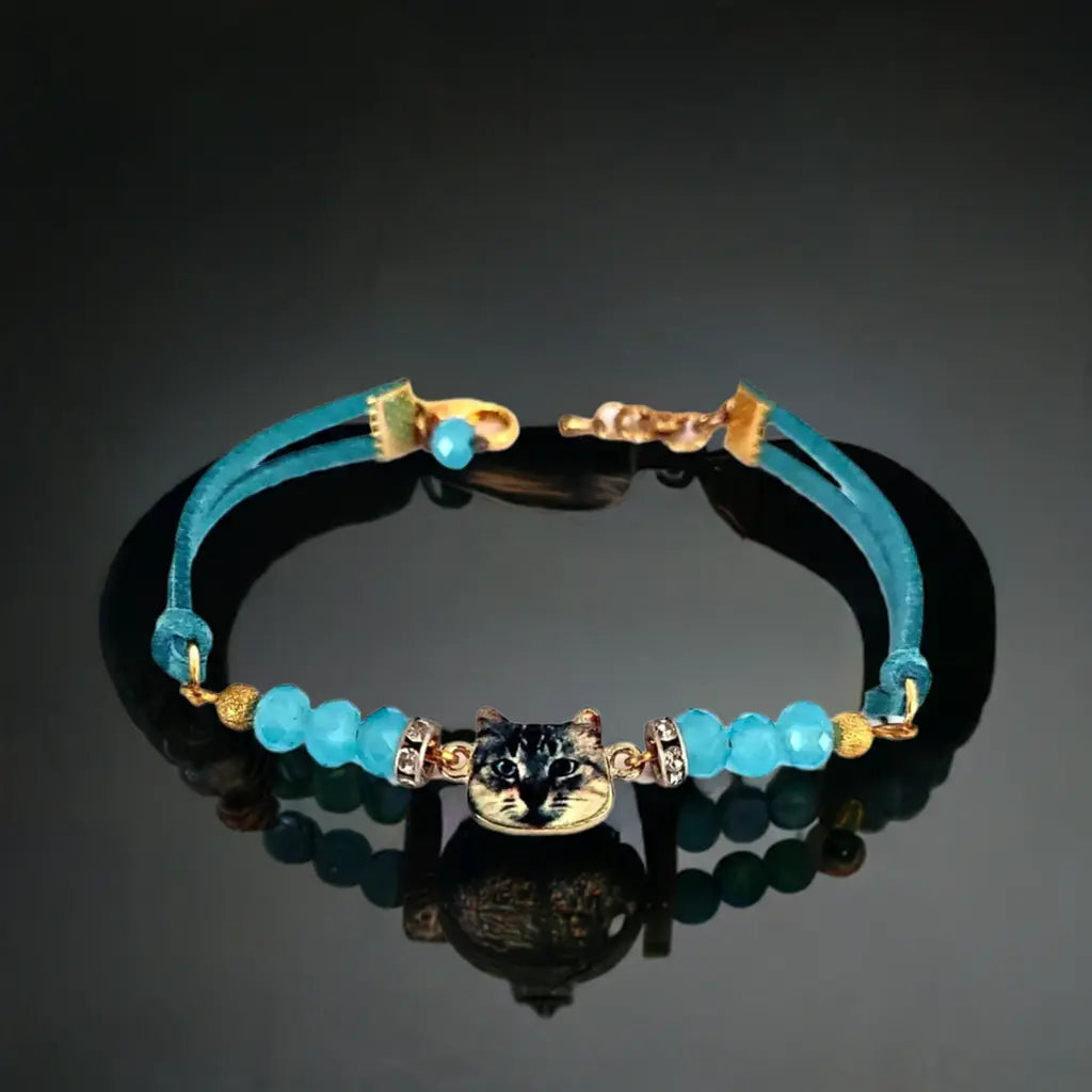 Elegant Blue Suede Bracelet with Cat Face Focal Charm