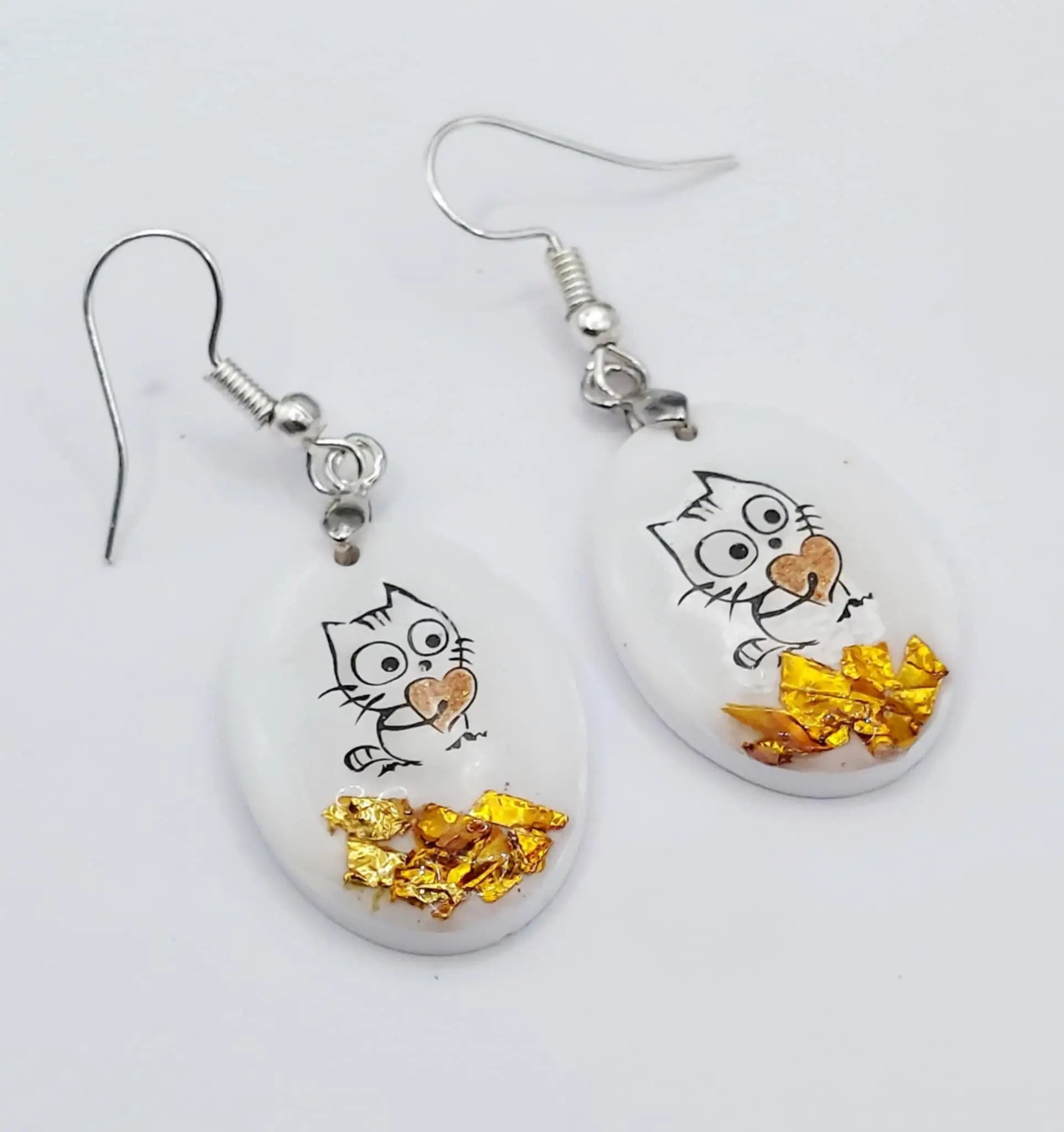 Short Resincrete white with litty cat Earrings 1.75inches