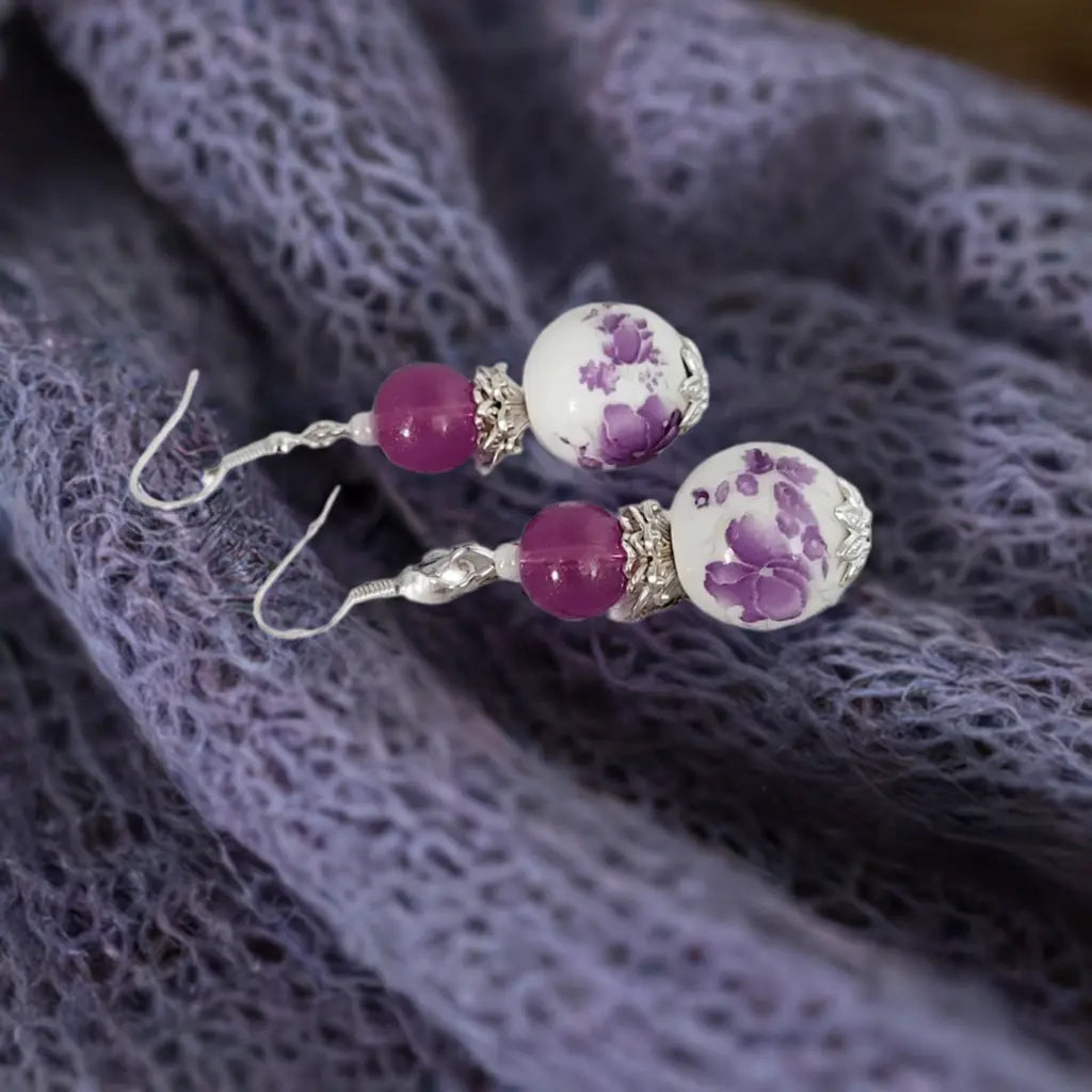 PURPLE PORCELAIN SILVER BEADED EARRINGS - Image #2