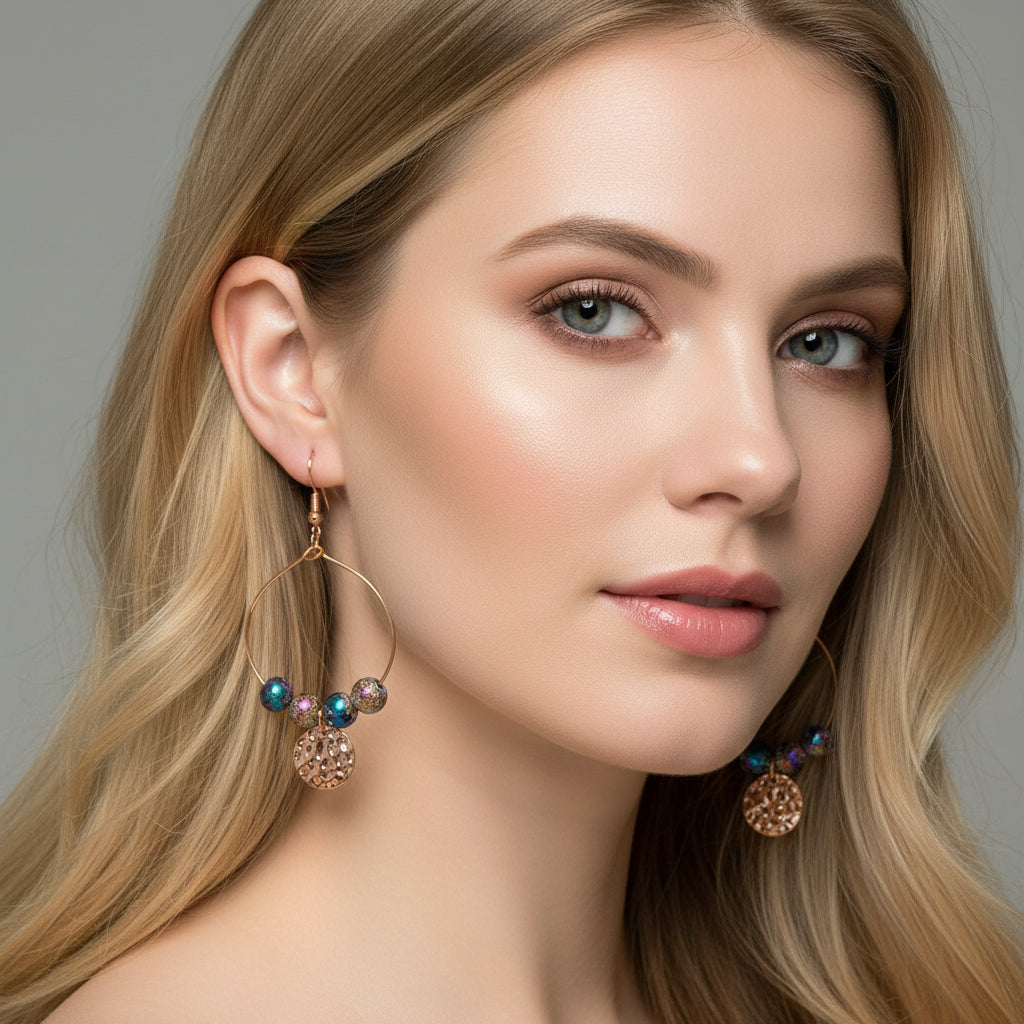 Copper hoop earrings with colorful beads and leopard print charms on a branch.