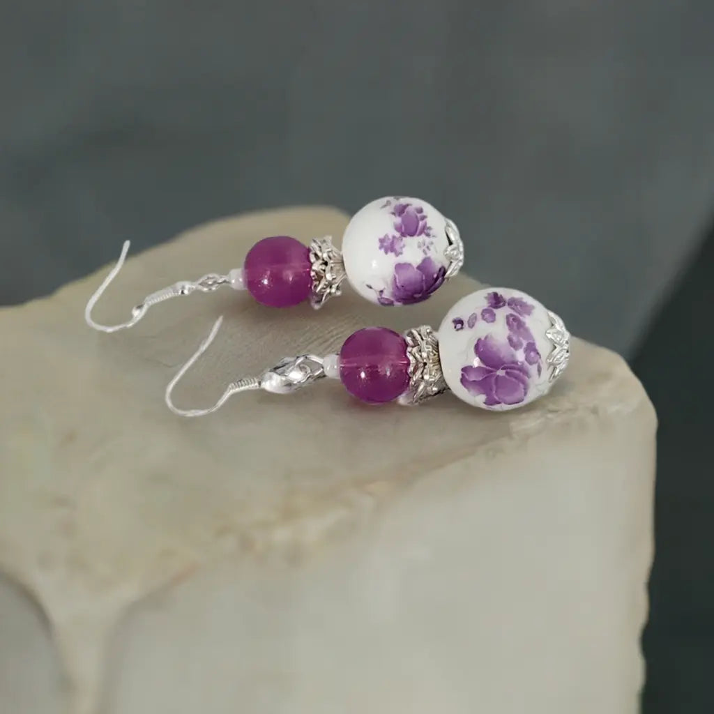 PURPLE PORCELAIN SILVER BEADED EARRINGS - Image #2