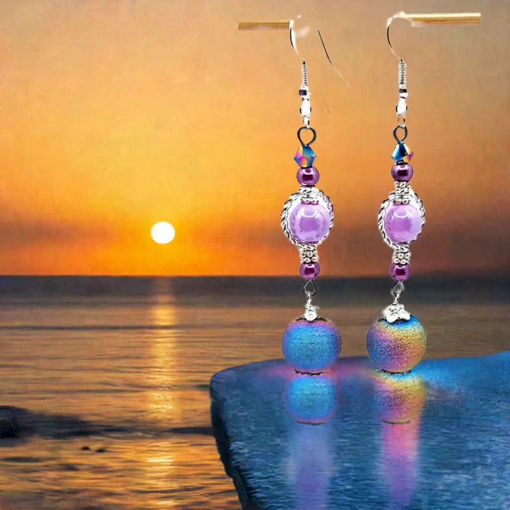 Ion plating rainbow color beaded Earrings 2.75" - Image #3