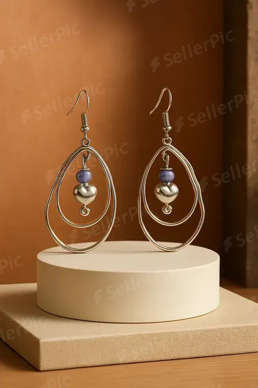Shiny silver drop hoop Earrings with Hearts