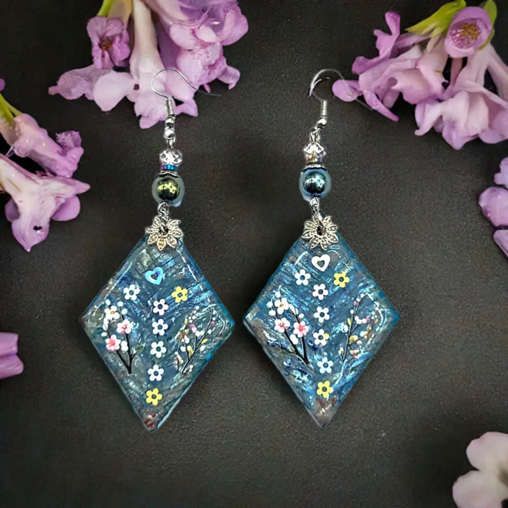 Long light wood triangle resin flowers Earrings 3.5inches