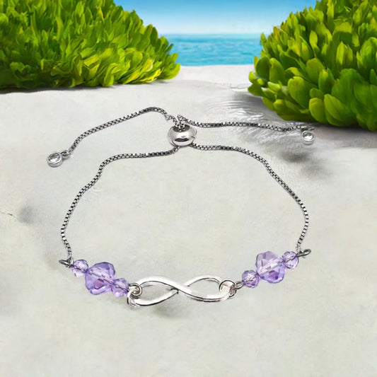 Alloy shiny silver infinity bracelet purpe crystals - Image #7