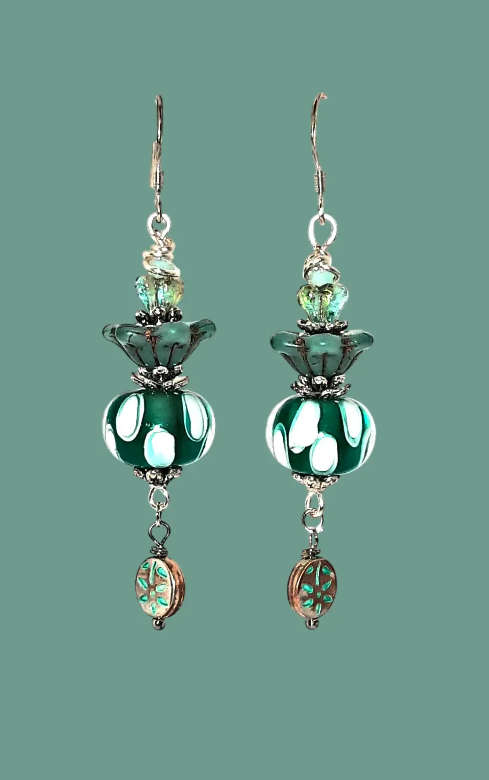 White Green Lampwork Czech beaded Earrings 2.5inches - Image #5