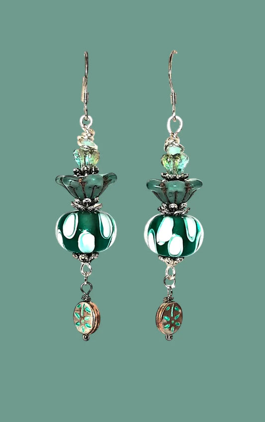 White Green Lampwork Czech beaded Earrings 2.5inches - Image #5