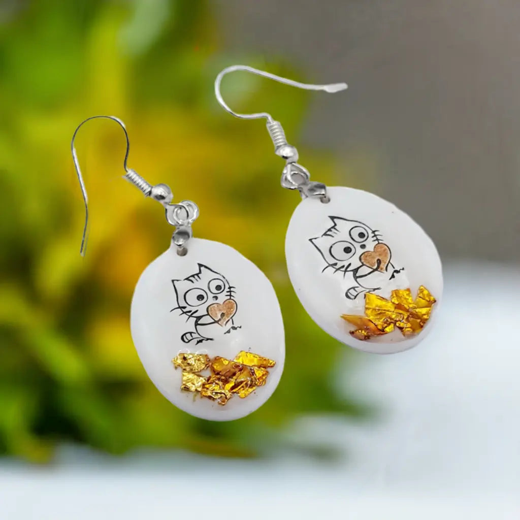 Short Resincrete white with litty cat Earrings 1.75inches