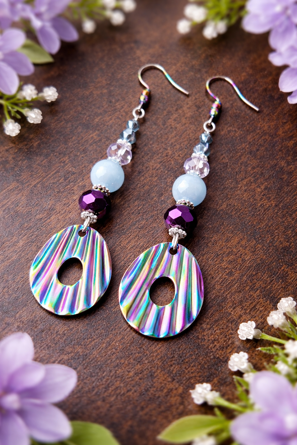 Rainbow Crystal & Cat Eye Dangle Earrings – Ion-Plated French Hooks