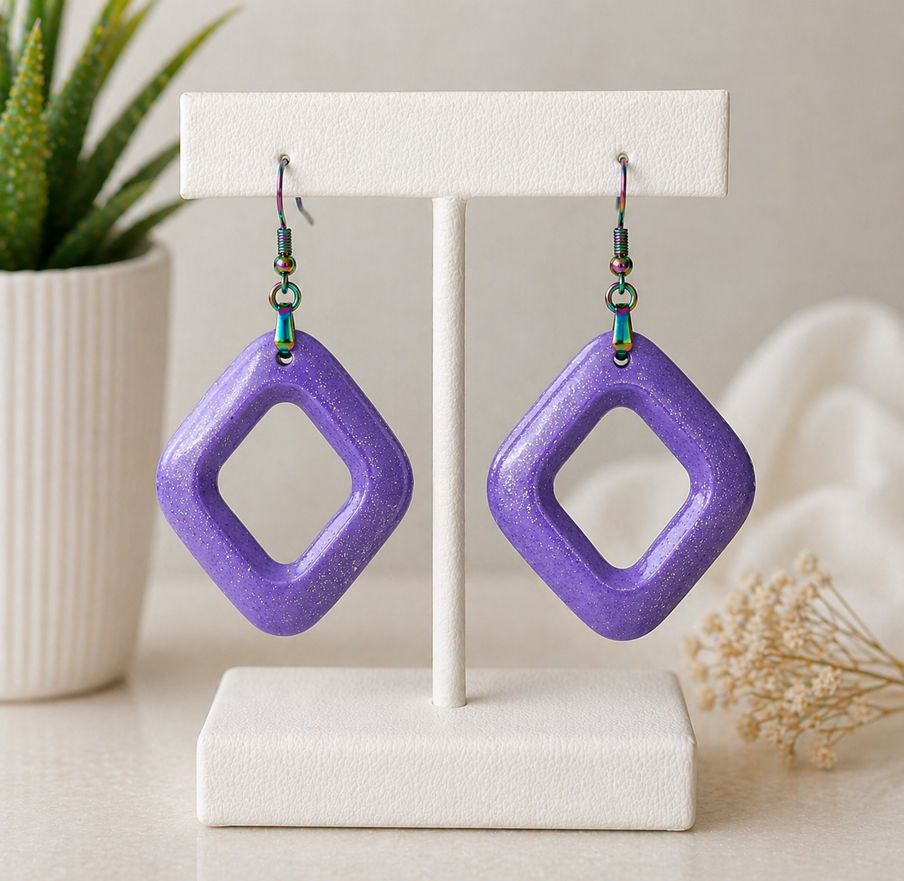 Purple Iridescent Resin Hoop Earrings – Rainbow Ion Plated French Hooks
