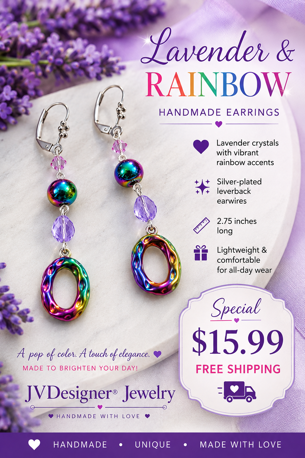 Handmade Lavender & Rainbow Dangle Earrings – Silver-Plated Leverback, Iridescent Colorful Earrings, 2.75 Inch