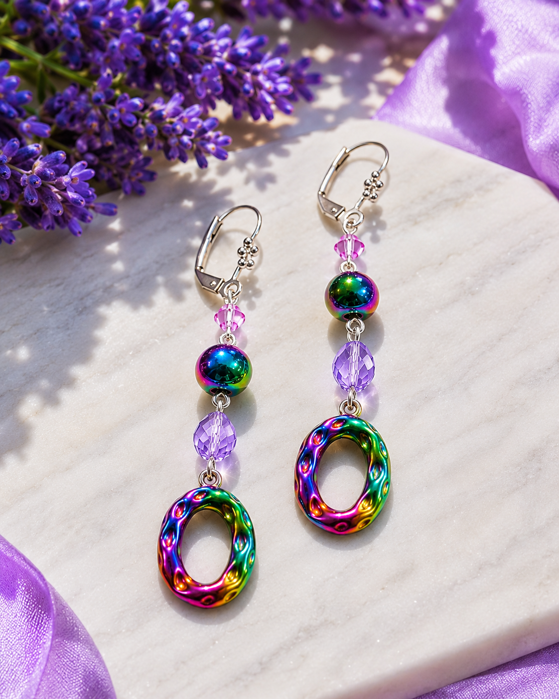 Handmade Lavender & Rainbow Dangle Earrings – Silver-Plated Leverback, Iridescent Colorful Earrings, 2.75 Inch
